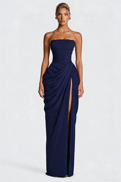 Edira | Vestido Largo Plisado Elegante con Abertura Sin Tirantes