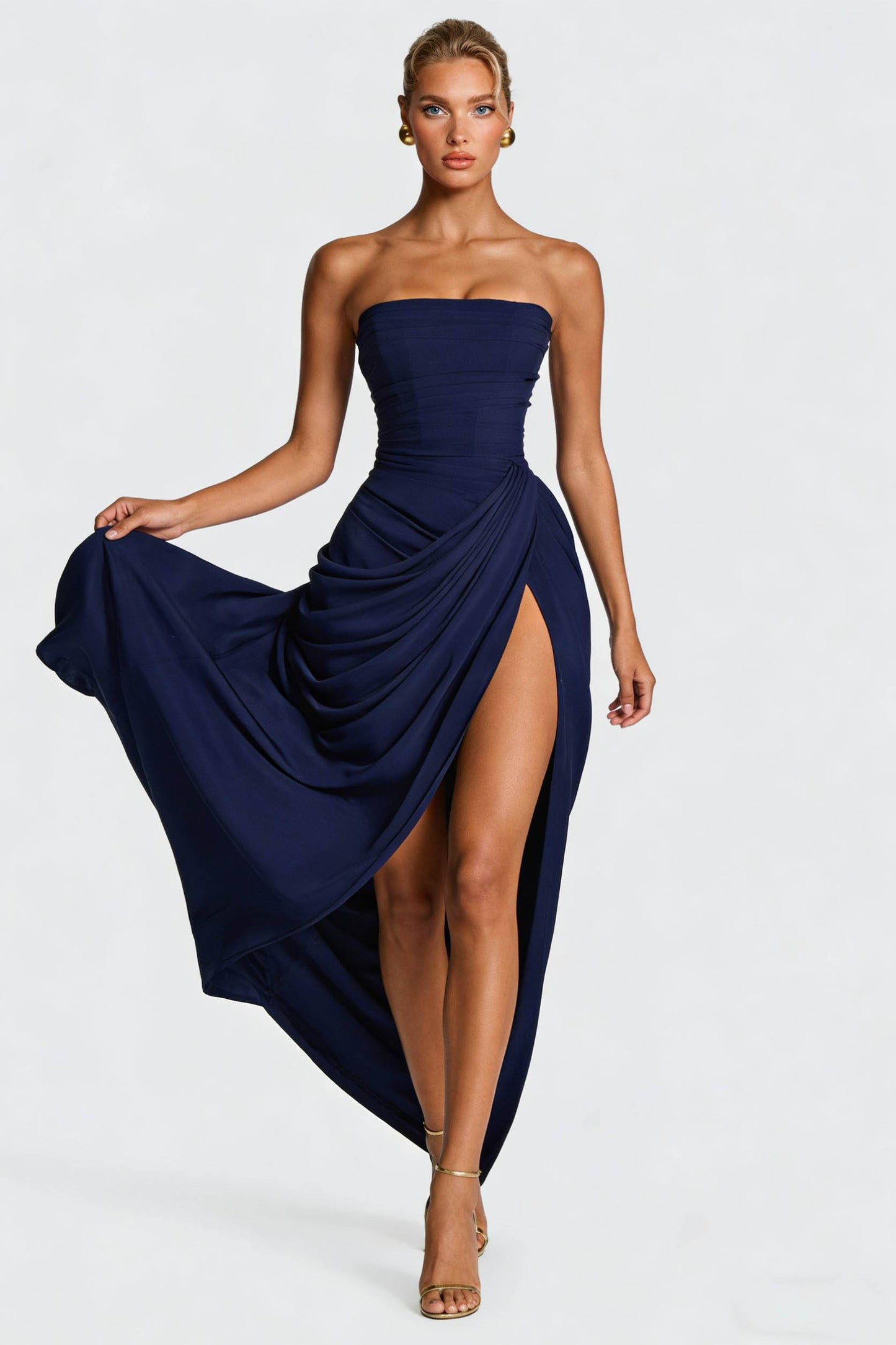 Edira | Vestido Largo Plisado Elegante con Abertura Sin Tirantes
