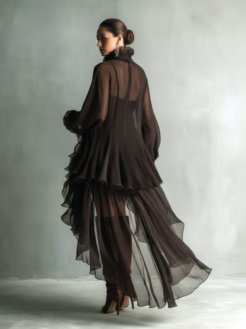 Zoraida | Vestido Midi de Gasa Elegante Manga Larga Cuello Alto