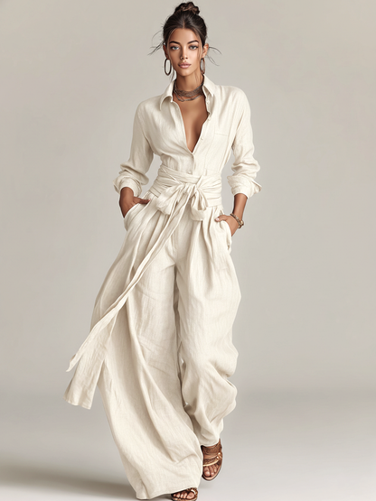 Loredana | Mono Elegante Manga Larga de Lino con Cuello Camisero