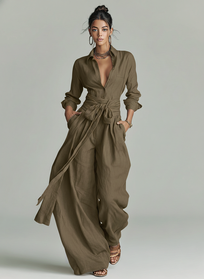 Loredana | Mono Elegante Manga Larga de Lino con Cuello Camisero