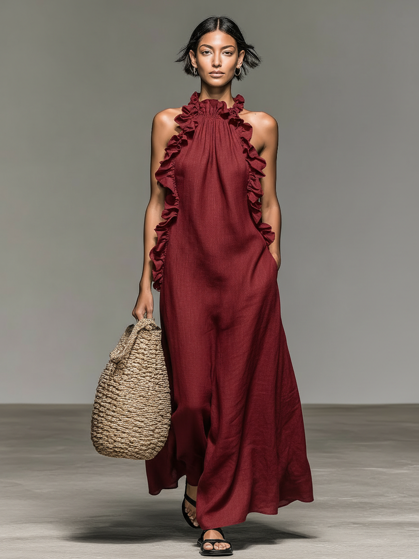 Imperia | Vestido Largo de Lino Sin Mangas Detallado con Volantes