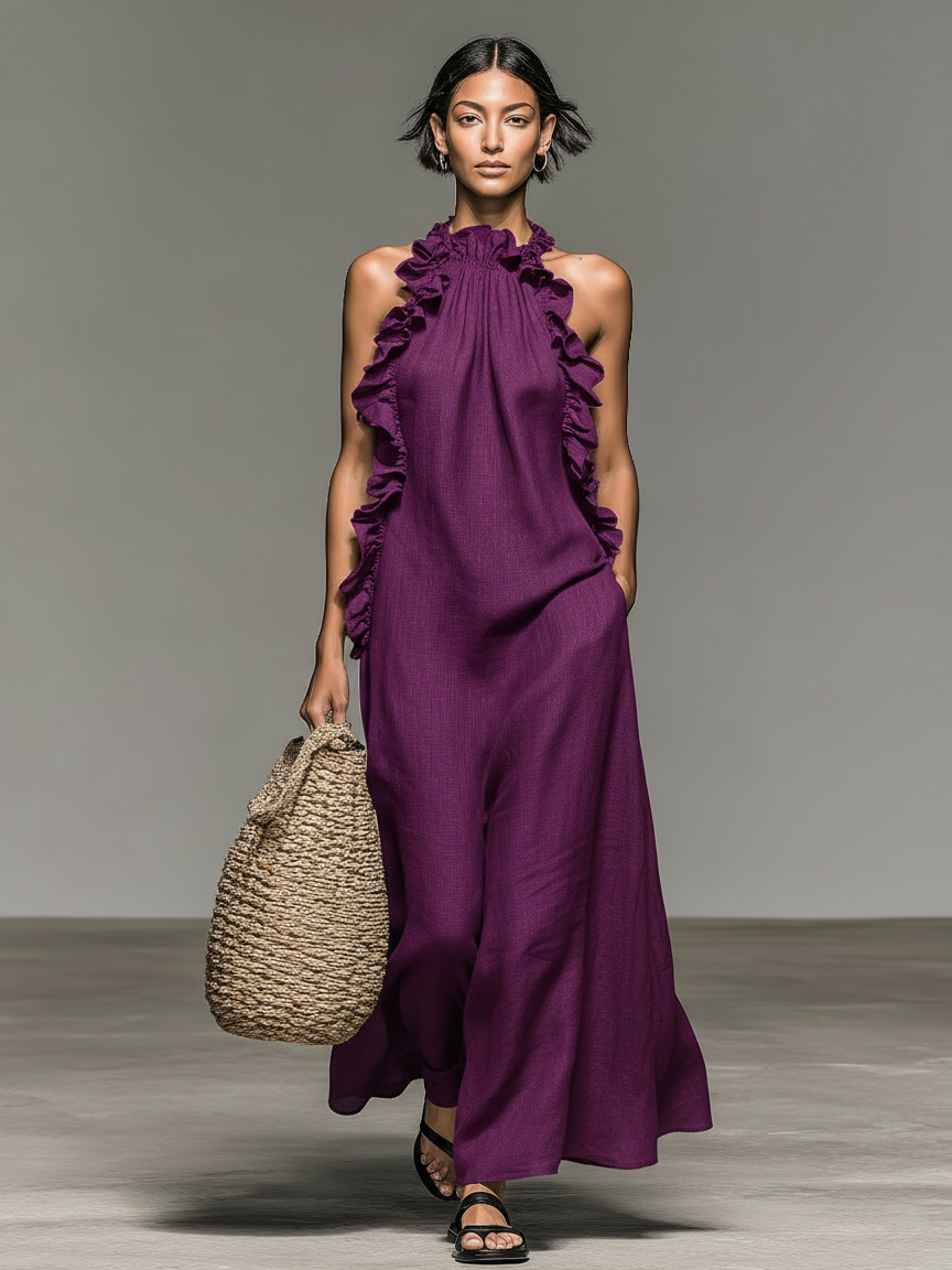Imperia | Vestido Largo de Lino Sin Mangas Detallado con Volantes