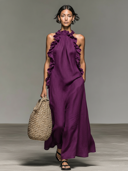 Imperia | Vestido Largo de Lino Sin Mangas Detallado con Volantes