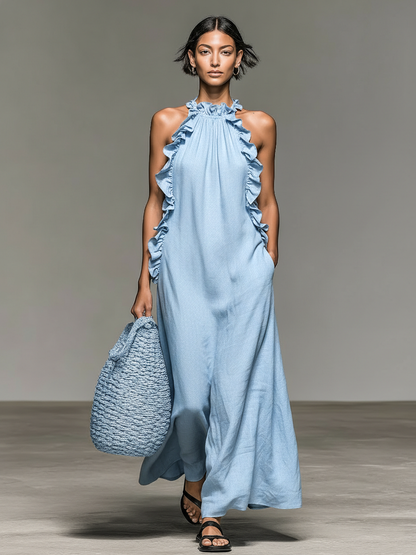 Imperia | Vestido Largo de Lino Sin Mangas Detallado con Volantes