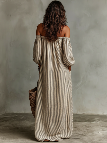 Samara | Vestido Largo de Lino a Rayas Hombros Descubiertos