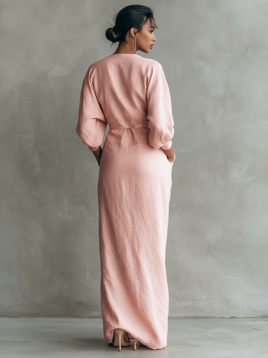 Sia | Vestido Largo de Lino Minimalista con Cuello en V