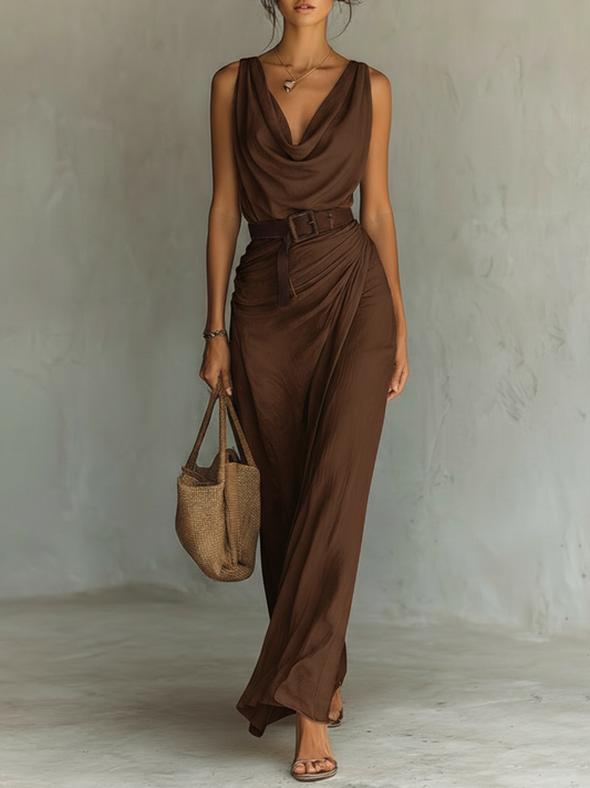 Karina | Vestido Largo Minimalista Sin Mangas Cuello Drapeado