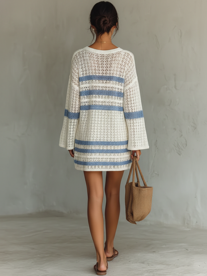 Ada | Mini Vestido de Punto Calado a Rayas Vacacional