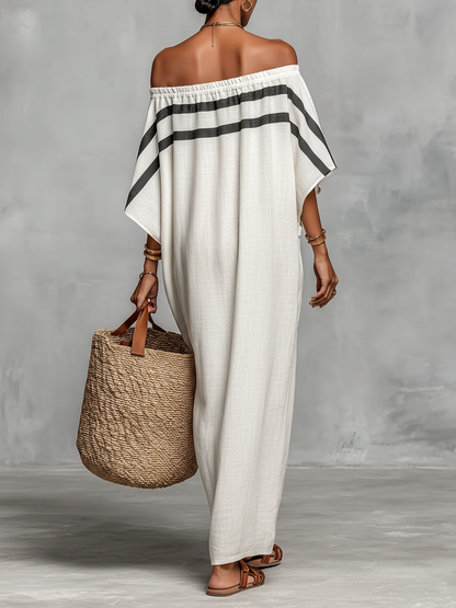 Lira | Vestido Largo de Lino Hombros Descubiertos y Mangas Murciélago