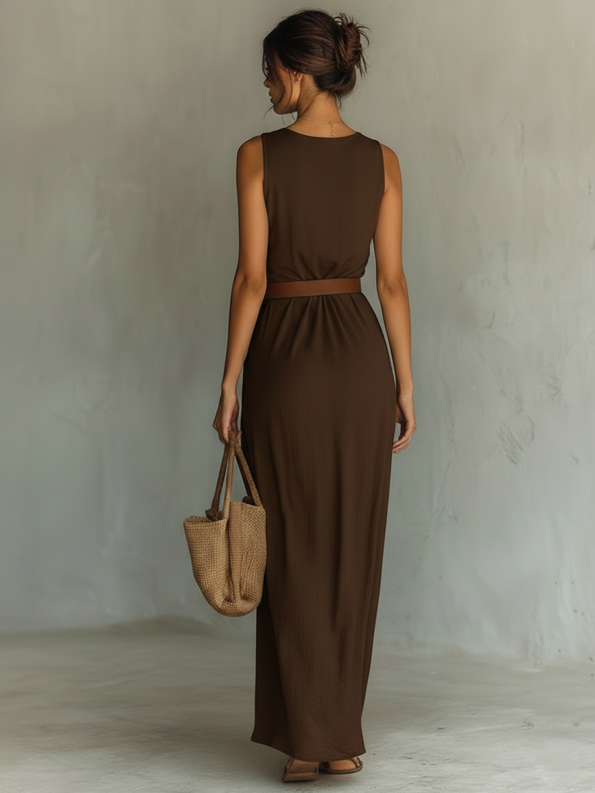 Karina | Vestido Largo Minimalista Sin Mangas Cuello Drapeado