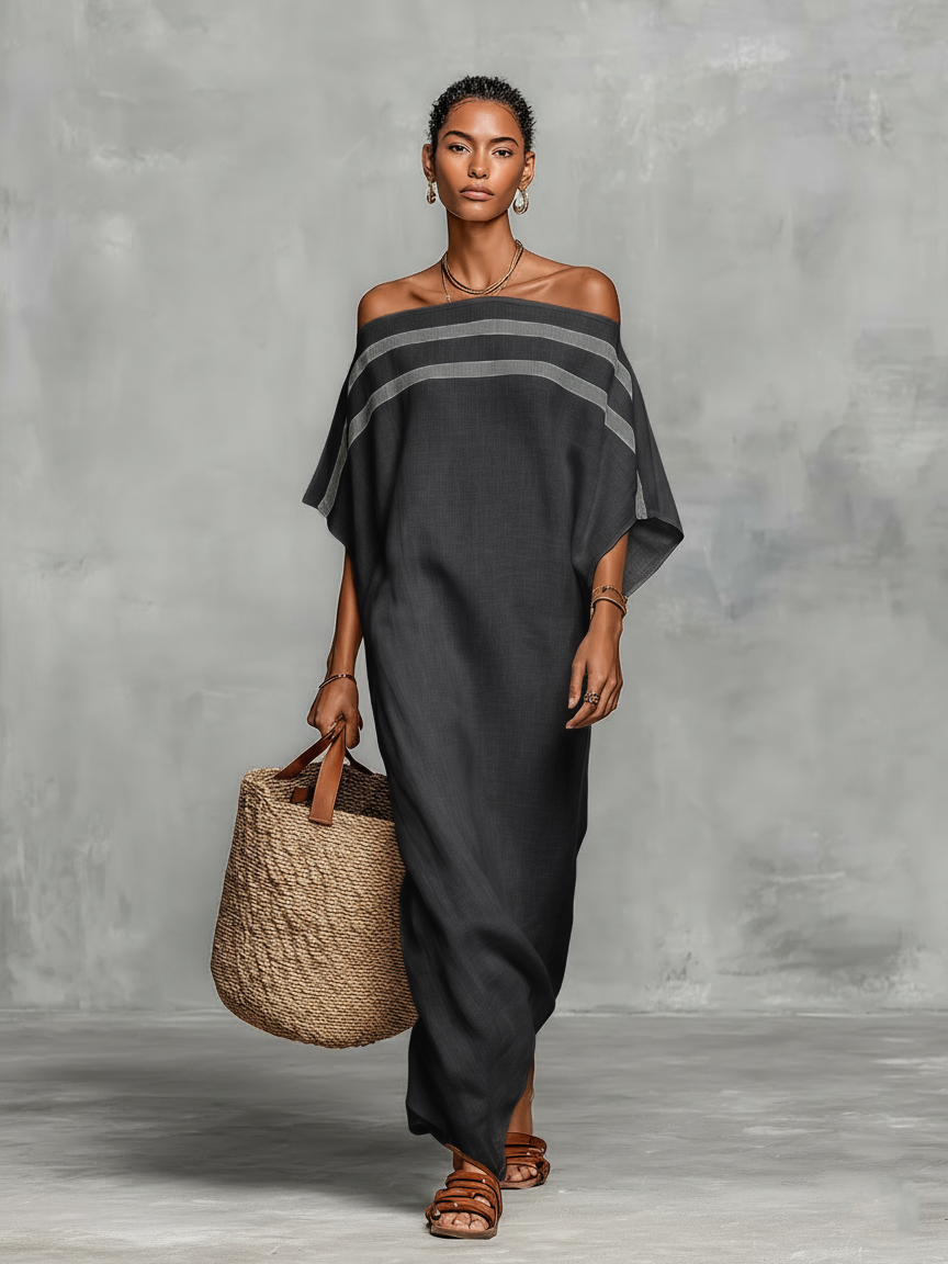 Lira | Vestido Largo de Lino Hombros Descubiertos y Mangas Murciélago