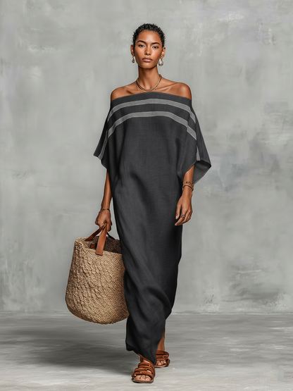 Lira | Vestido Largo de Lino Hombros Descubiertos y Mangas Murciélago