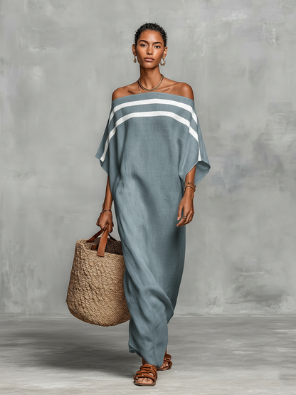 Lira | Vestido Largo de Lino Hombros Descubiertos y Mangas Murciélago