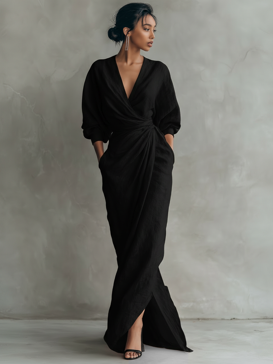 Sia | Vestido Largo de Lino Minimalista con Cuello en V