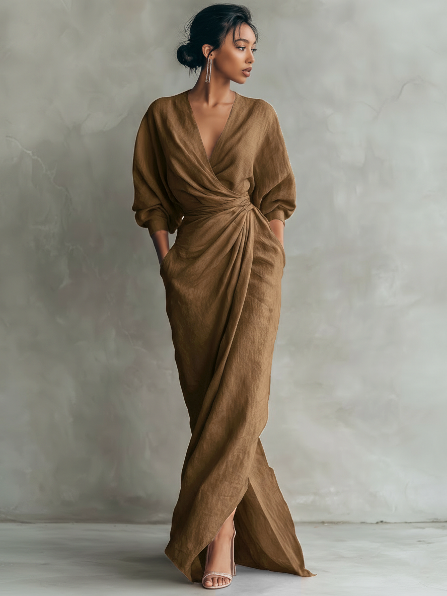 Sia | Vestido Largo de Lino Minimalista con Cuello en V