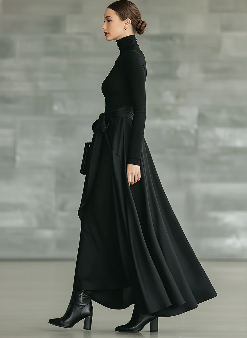 Indira | Vestido Largo Acampanado Cuello Alto de Punto Elástico y Satén