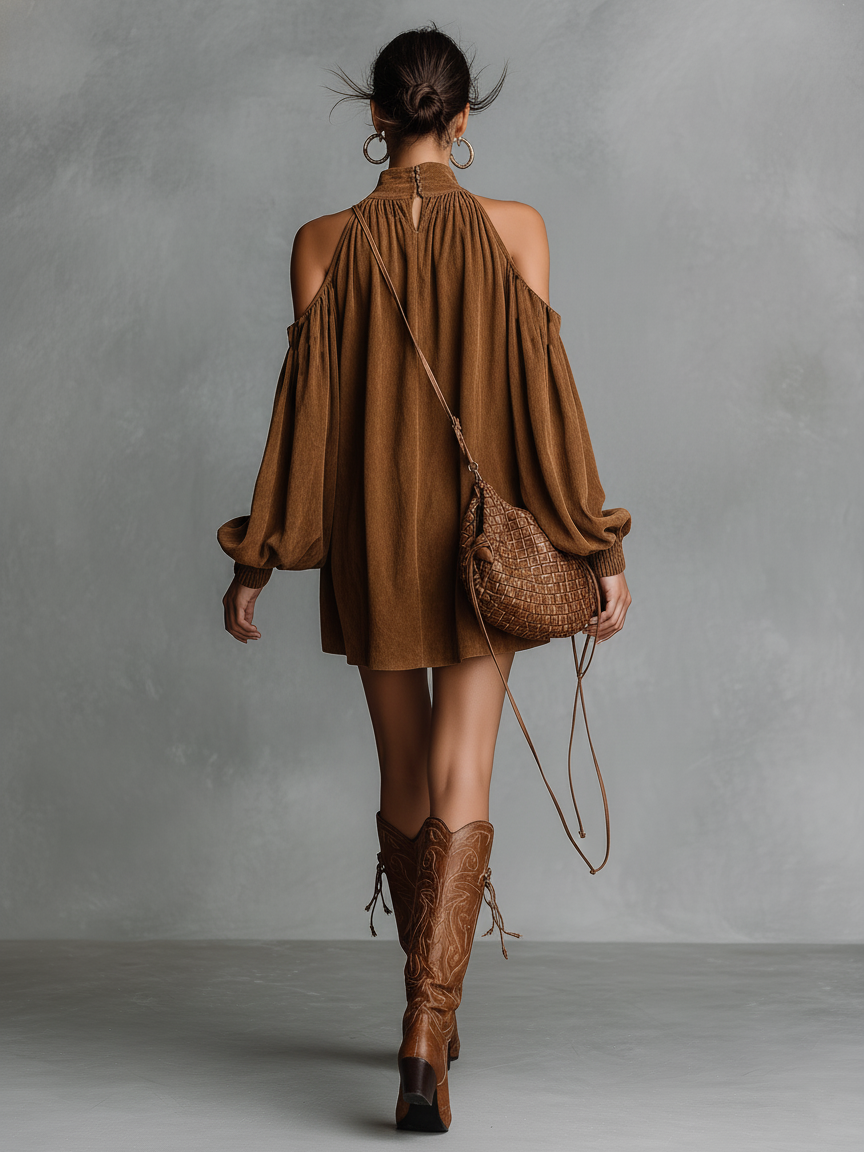 Delia | Vestido Mini Imitación de Ante con Cuello Halter y Mangas Acampanadas