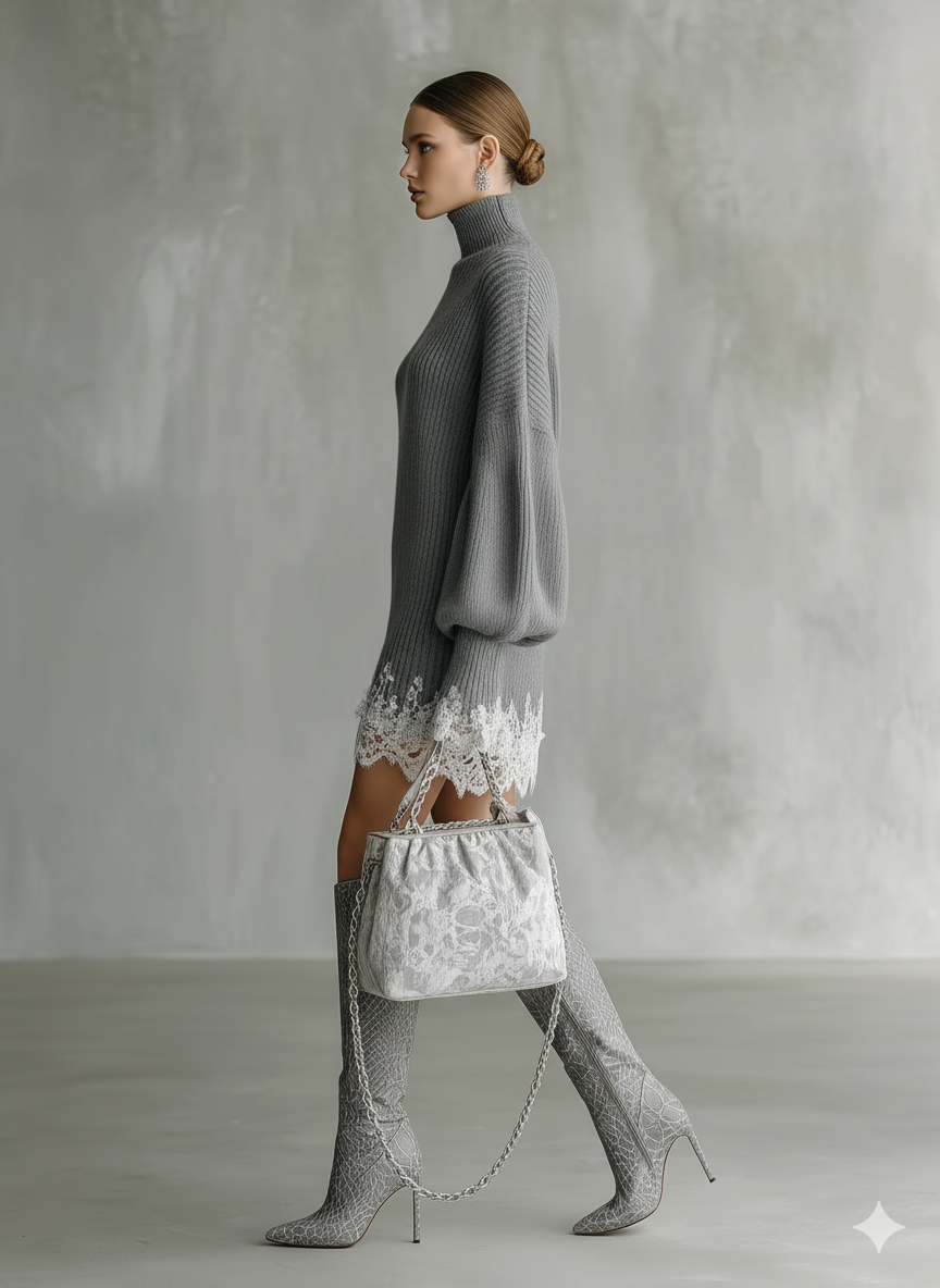 Beatriz | Vestido Corto de Punto con Cuello Alto y Encaje