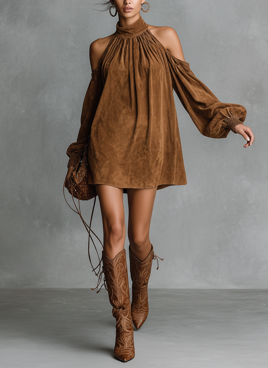 Delia | Vestido Mini Imitación de Ante con Cuello Halter y Mangas Acampanadas