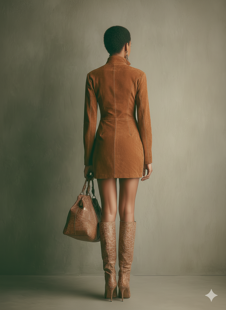 Camela | Mini Vestido de Gamuza con Cuello Alto y Cremallera