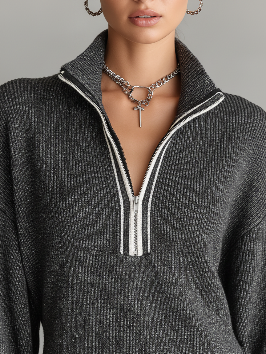 Jimena | Vestido Corto de Punto Holgado Cuello Polo y Cremallera