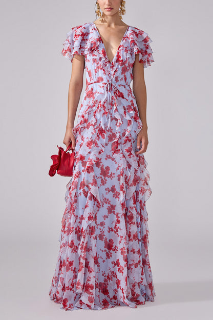 Cavira | Vestido Largo Floral Volantes