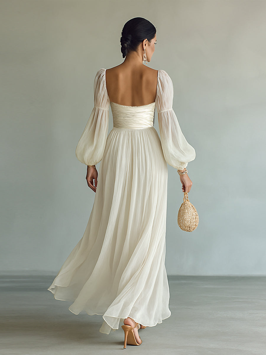 Siena | Vestido Largo de Gasa Manga Larga con Cuello Cuadrado