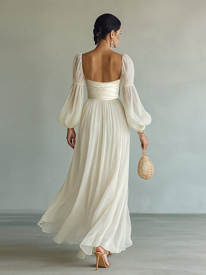 Siena | Vestido Largo de Gasa Manga Larga con Cuello Cuadrado