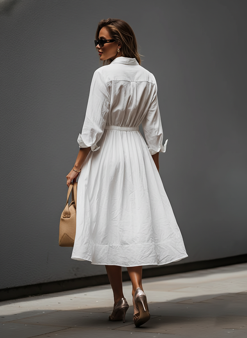 Leonora | Vestido Elegante de Lino con Cuello Camisero y Cintura Elástica
