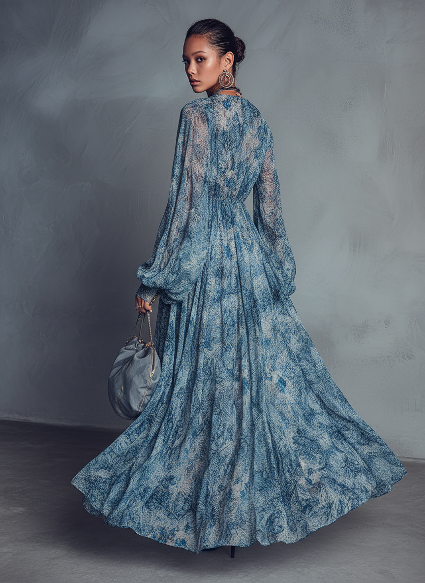 Alba | Vestido Largo Floral de Gasa con Cuello en V y Mangas Abullonadas