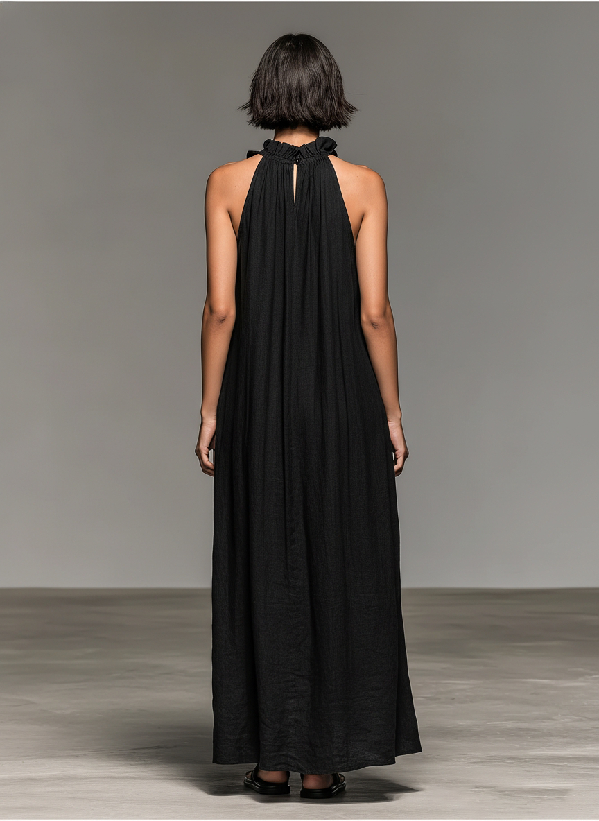 Imperia | Vestido Largo de Lino Sin Mangas Detallado con Volantes