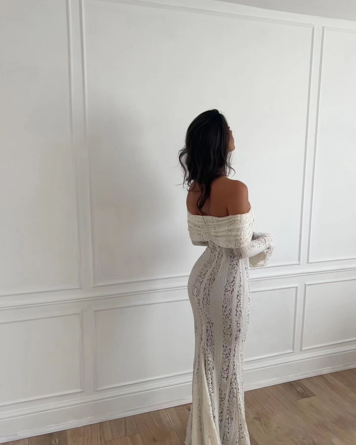 Celestia | Vestido Largo Encaje Escote Bardot