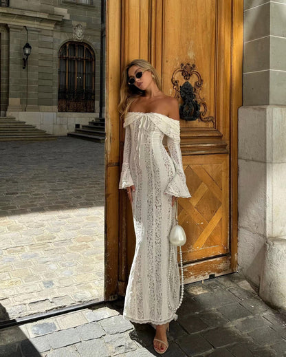 Celestia | Vestido Largo Encaje Escote Bardot