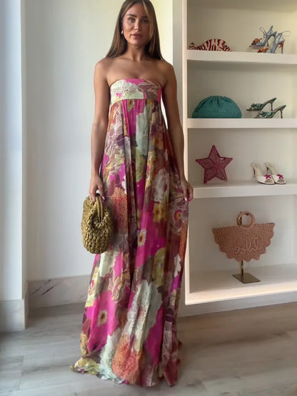 Dulce | Vestido Largo Estampado Floral Hombros Descubiertos