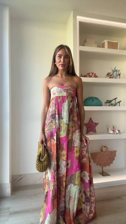 Dulce | Vestido Largo Estampado Floral Hombros Descubiertos