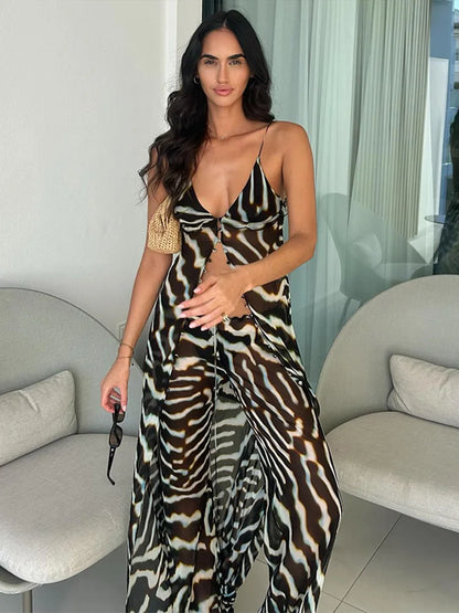 Vaneira | Conjunto Estampado de Cebra Top Largo Cuello en V y Pantalones