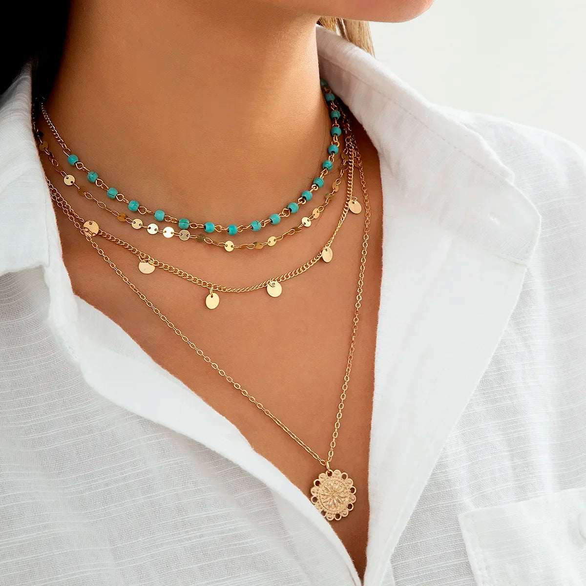 Estrella | Set 4 Collares Multicapa Dorado con Detalles Turquesa