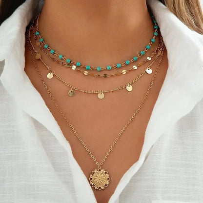 Estrella | Set 4 Collares Multicapa Dorado con Detalles Turquesa