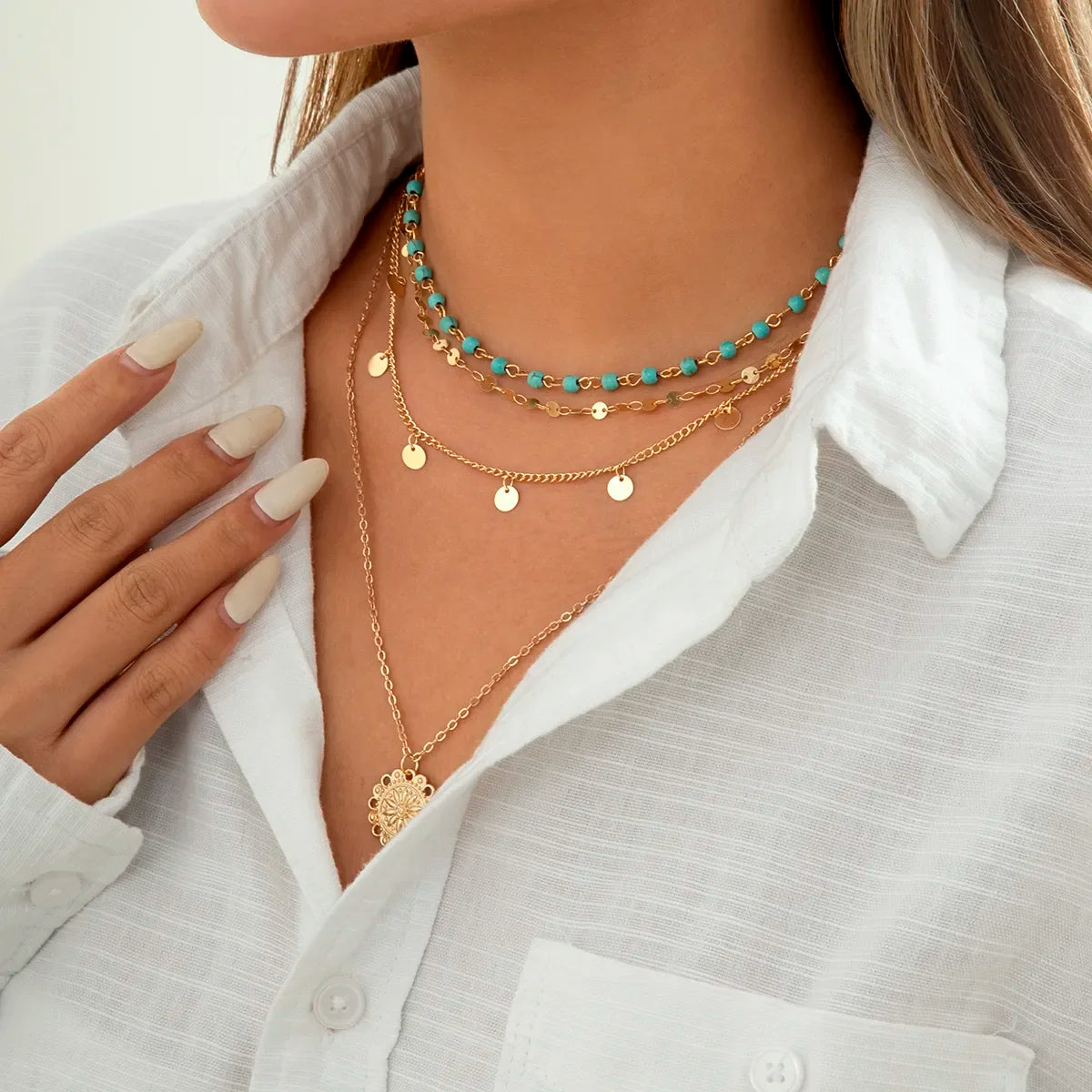 Estrella | Set 4 Collares Multicapa Dorado con Detalles Turquesa