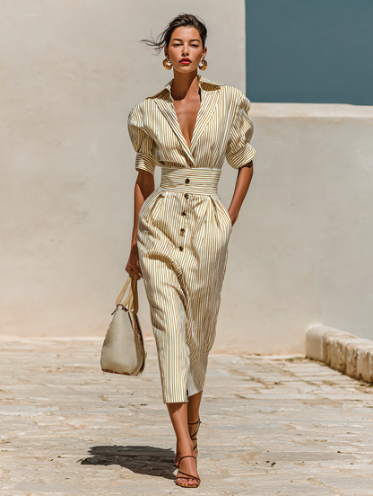 Silva | Vestido Midi Manga Corta a Rayas Con Solapas