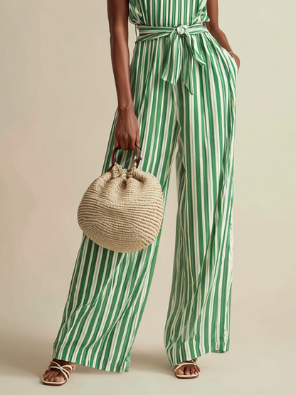 Versera | Mono Vacacional a Rayas con Cuello Halter y Pernera Ancha