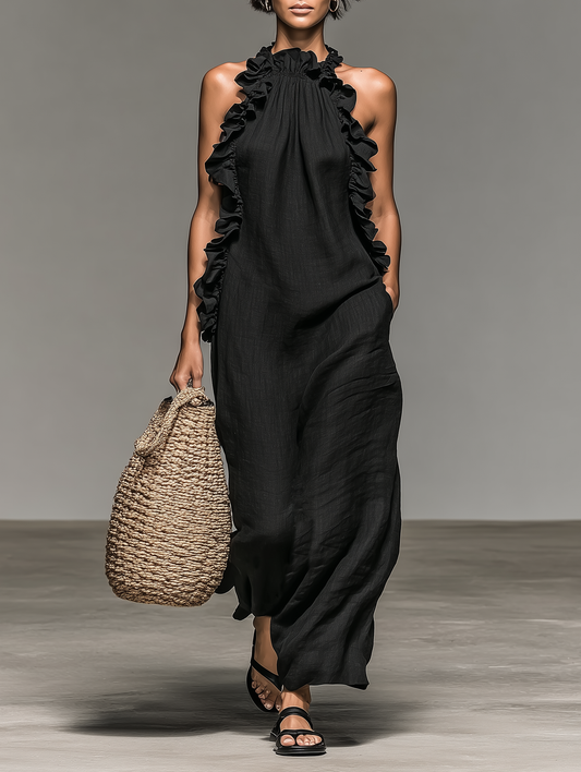 Imperia | Vestido Largo de Lino Sin Mangas Detallado con Volantes