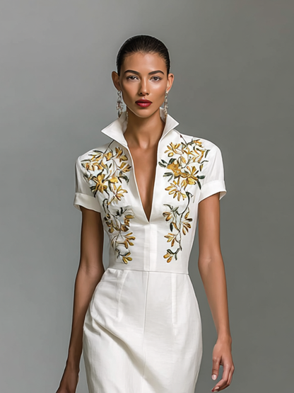 Esmeralda | Vestido Midi Manga Corta Cuello en V y Cintura Ajustada