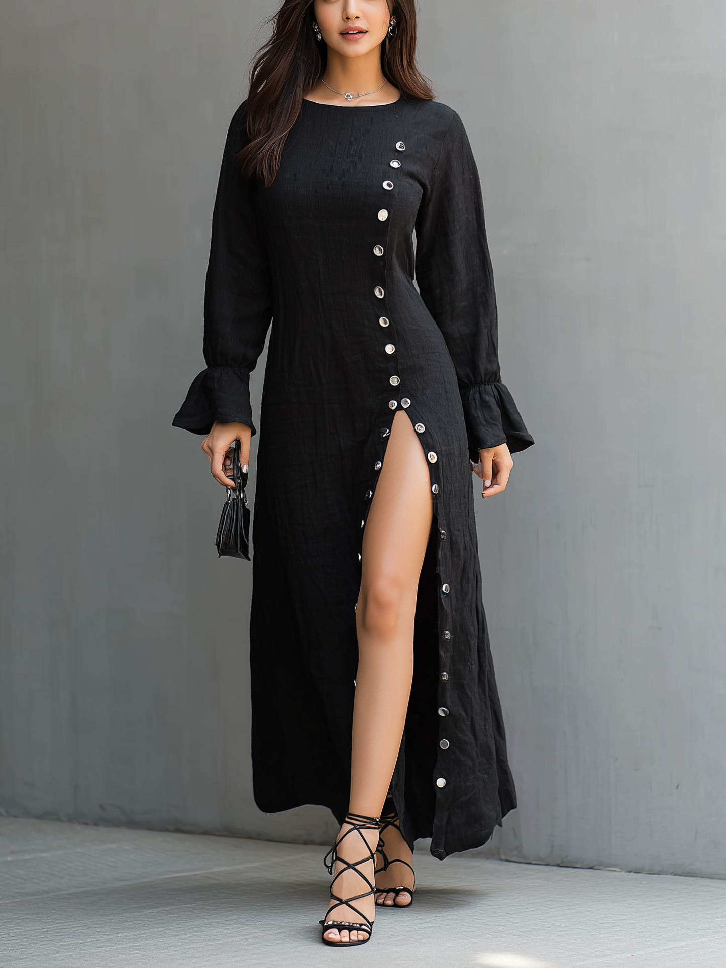 Ébora | Vestido de Cuello Redondo y Manga Larga con Abertura