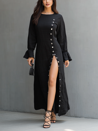 Ébora | Vestido de Cuello Redondo y Manga Larga con Abertura