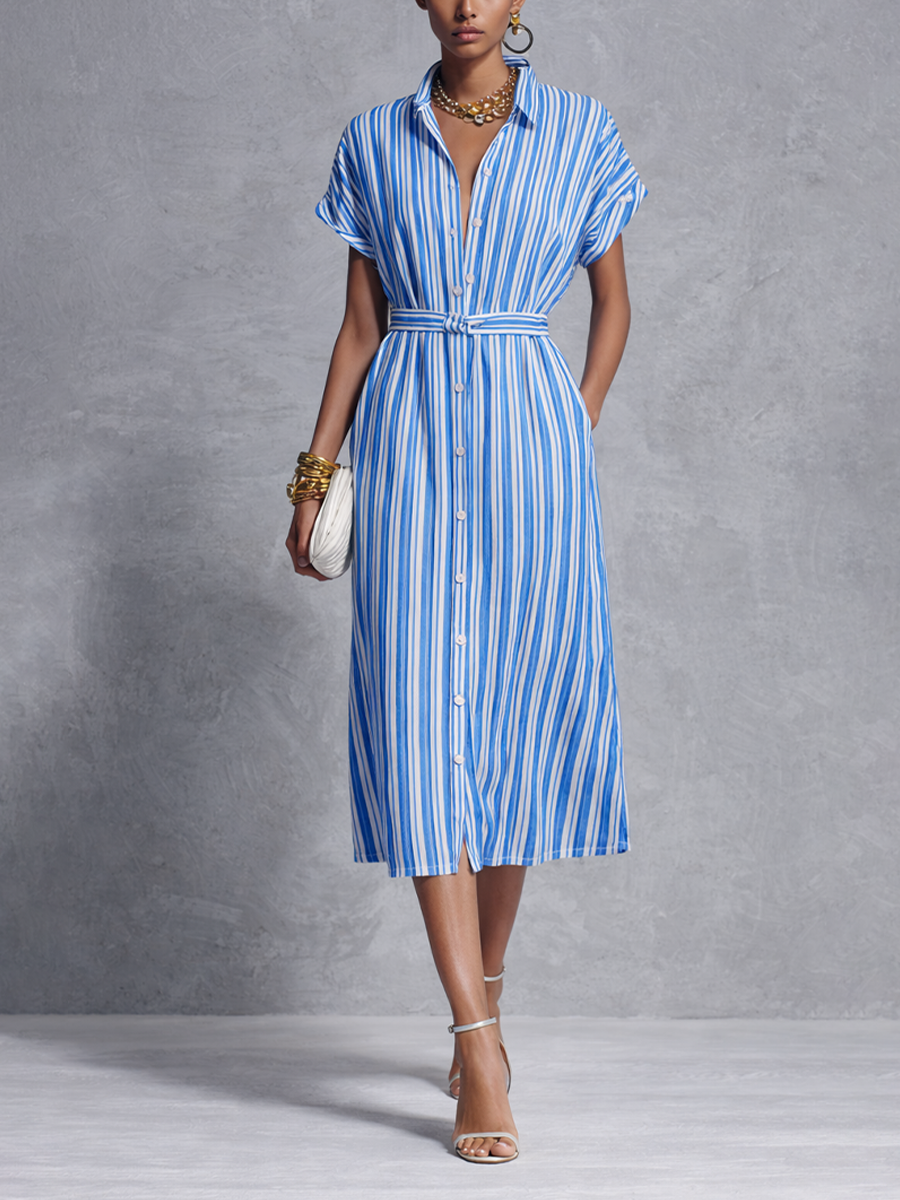 Zira | Vestido Midi Camisero Manga Corta a Rayas Acordonado