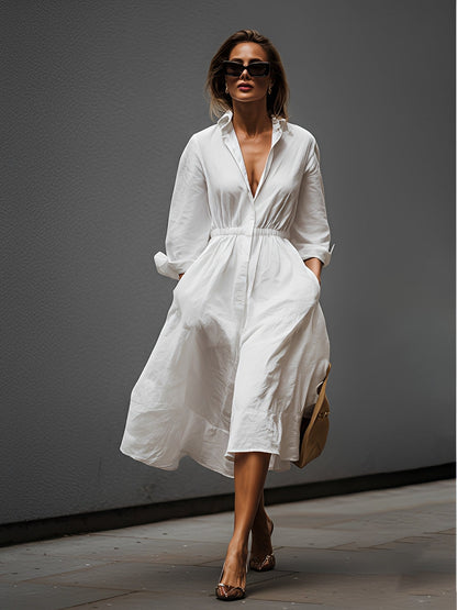 Leonora | Vestido Elegante de Lino con Cuello Camisero y Cintura Elástica