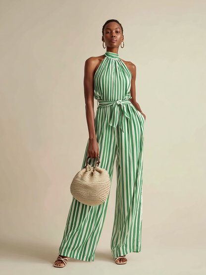 Versera | Mono Vacacional a Rayas con Cuello Halter y Pernera Ancha