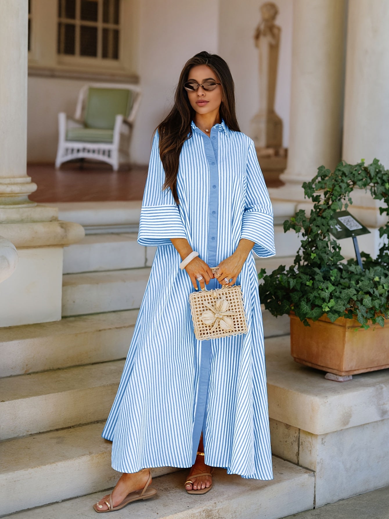 Aureveth | Vestido Largo Camisero Rayas